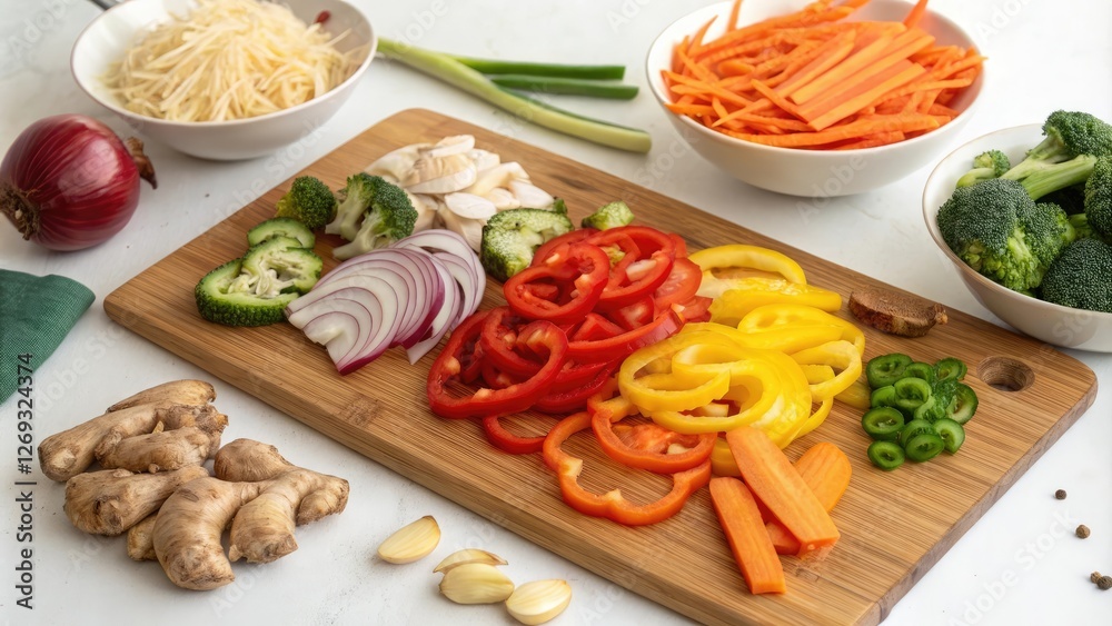 Stir fry ingredients in a colorful and lively arrangement on a wooden cutting board, appetizing presentation, fresh ingredients, culinary art Stir fry ingredients in a colorful and lively arrangement on a wooden cutting board, appetizing presentation, fresh ingredients, culinary art
