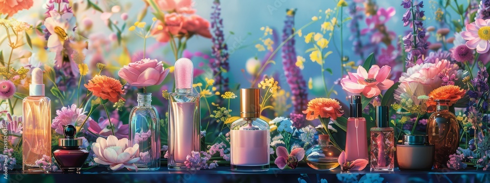 Fototapeta premium various cosmetics and flowers, Generative AI,