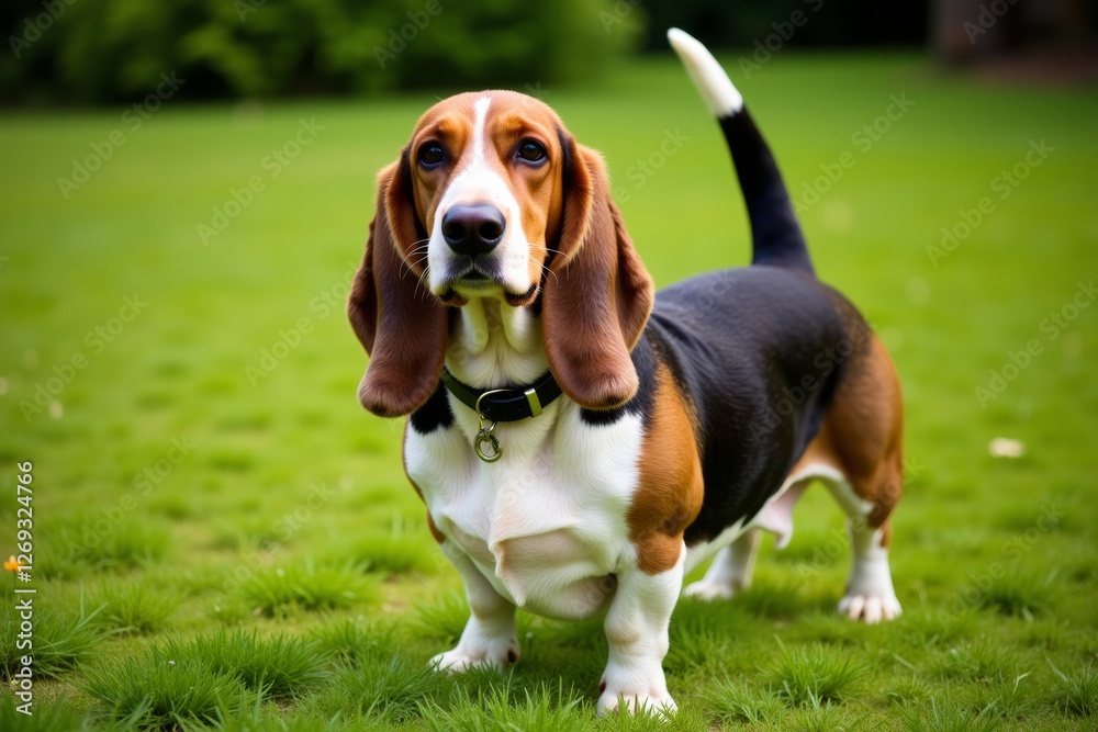 Basset hound with long ears stands in vibrant green grass, showcasing its characteristic features and playful nature. Concept highlights basset hound with long ears as a beloved pet breed. Basset hound with long ears stands in vibrant green grass, showcasing its characteristic features and playful nature. Concept highlights basset hound with long ears as a beloved pet breed.