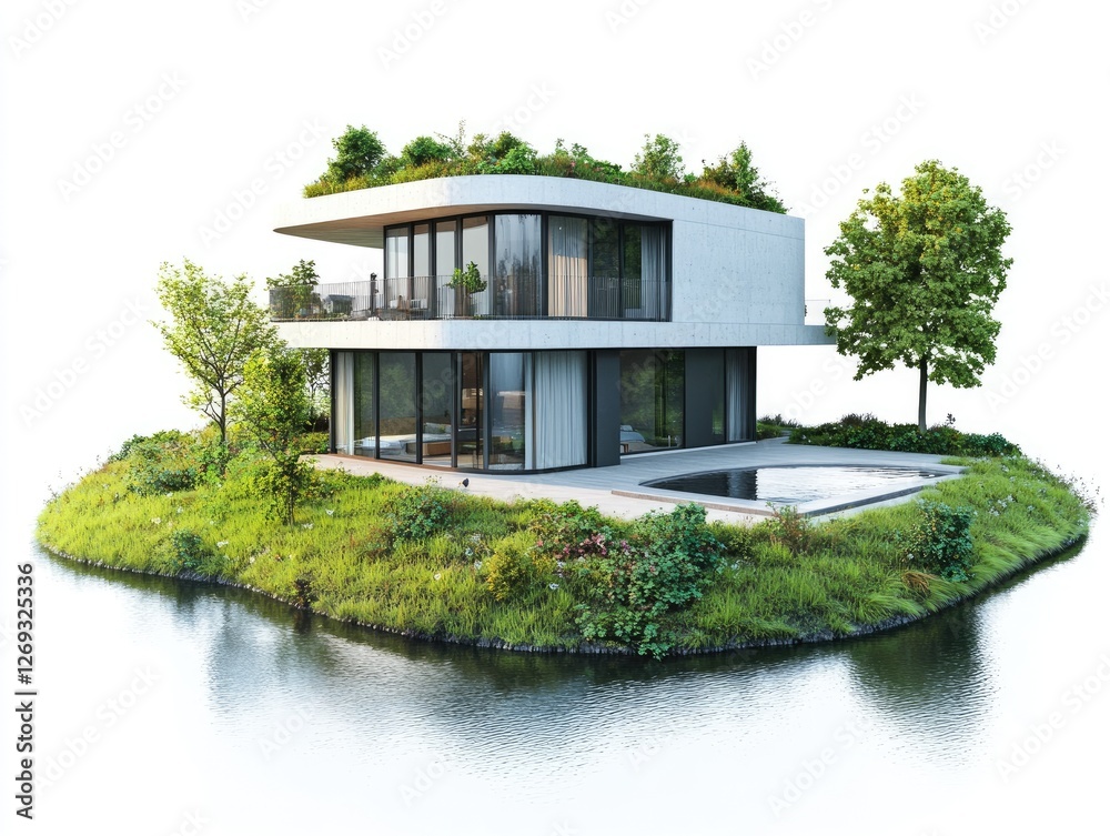a modern house with a garden and terrace on a small grass island, isolated on a white background a modern house with a garden and terrace on a small grass island, isolated on a white background