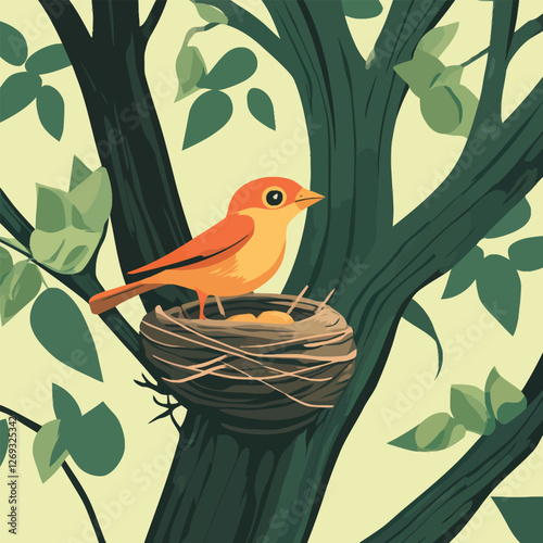 A detailed 2D vector of a bird building a nest in a leafy tree.