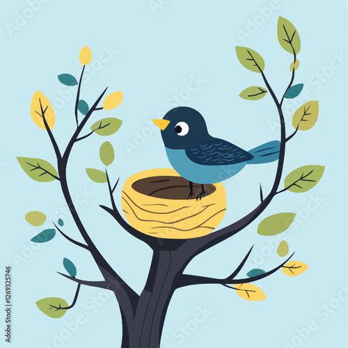 A detailed 2D vector of a bird building a nest in a leafy tree.