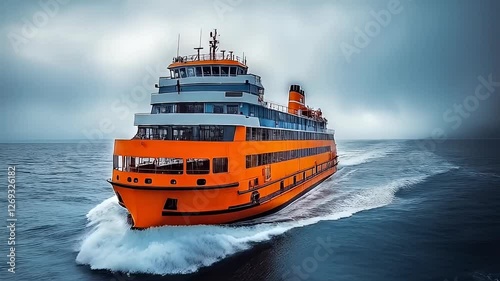 Orange ferry boat cutting through dark ocean waves under a cloudy sky.