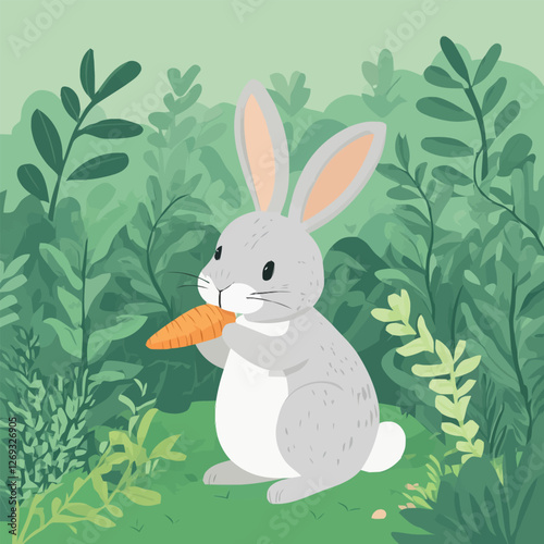 A cute 2D vector of a rabbit nibbling a carrot in a garden.
