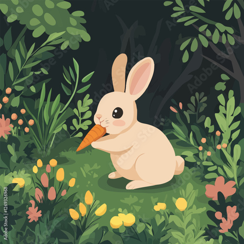 A cute 2D vector of a rabbit nibbling a carrot in a garden.