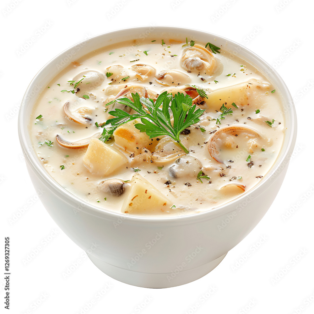 A bowl of creamy clam chowder with a sprinkle of fresh dill, isolated on a white or a transparent background. A bowl of creamy clam chowder with a sprinkle of fresh dill, isolated on a white or a transparent background.