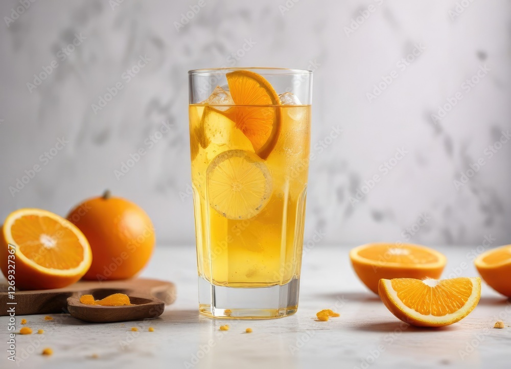 Fototapeta premium Tall glass of orange and turmeric tonic with ice cubes placed on a table in front of a plain white background, colorful glass, healthy options