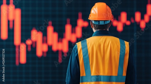 Construction Worker Observing Stock Market Trends with Caution and Focus