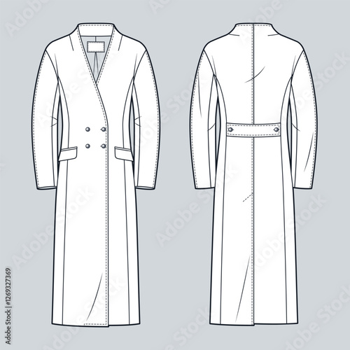 Double-Breasted Coat Technical Fashion Illustration. Long Coat fashion flat technical drawing template, midi, pockets, back slit, belt detail, front and back view, white, women, men, unisex CAD mockup