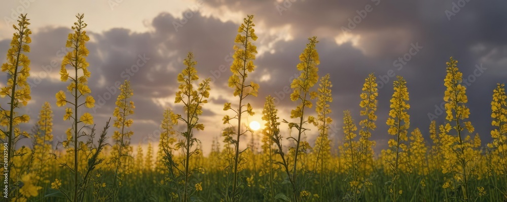 Tall rapeseed stalks sway gently in the breeze as day turns to dusk , landscape photography, sunset, nature scene Tall rapeseed stalks sway gently in the breeze as day turns to dusk , landscape photography, sunset, nature scene
