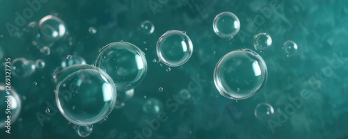 Teal background with bubbles floating in mid-air, aerated, lighthearted, teal