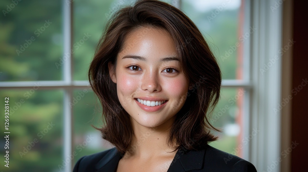 Woman smiling near window, green trees. Headshot for profile Woman smiling near window, green trees. Headshot for profile