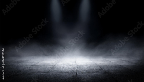 empty space of studio dark room concrete floor grunge texture background with spot lighting and fog or mist in black background