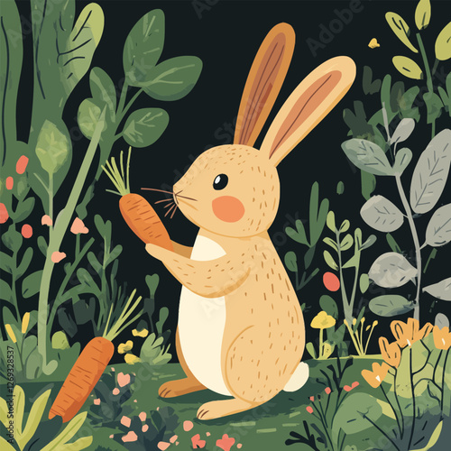 A cute 2D vector of a rabbit nibbling a carrot in a garden.