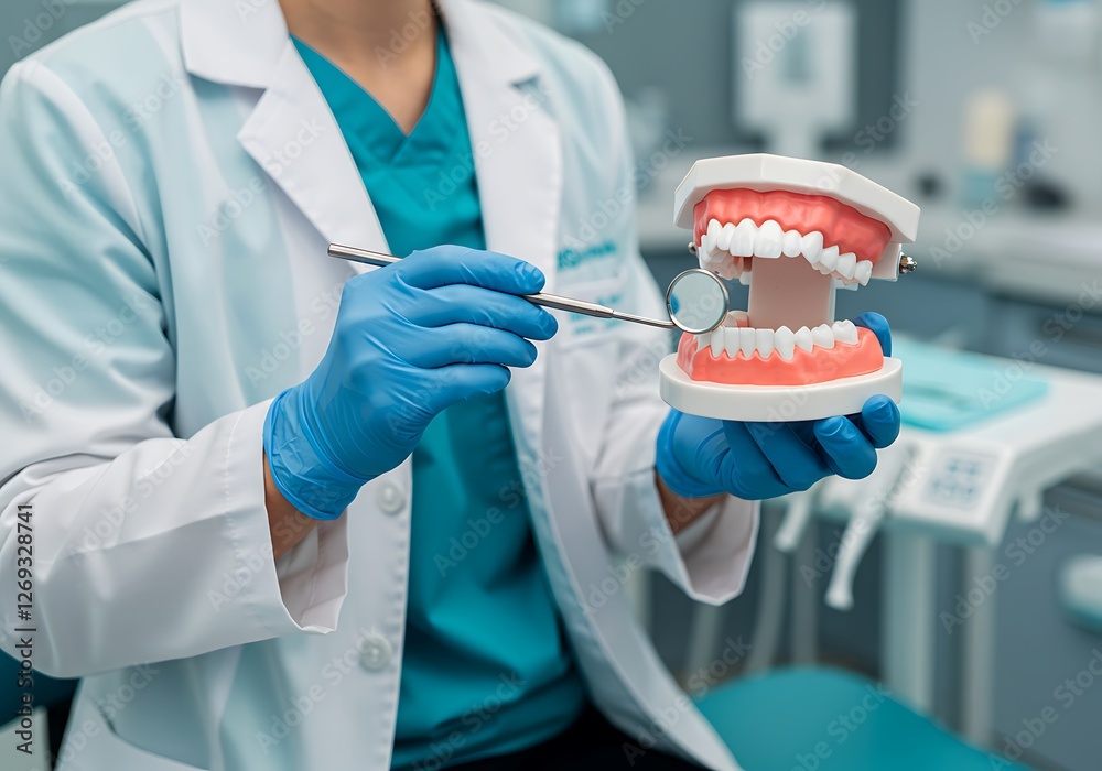 Dentist inspecting a model tooth using a dental mirror and tool, demonstrating oral health care and dental examination procedures.