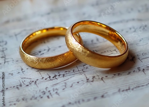 gold wedding rings, sheet music