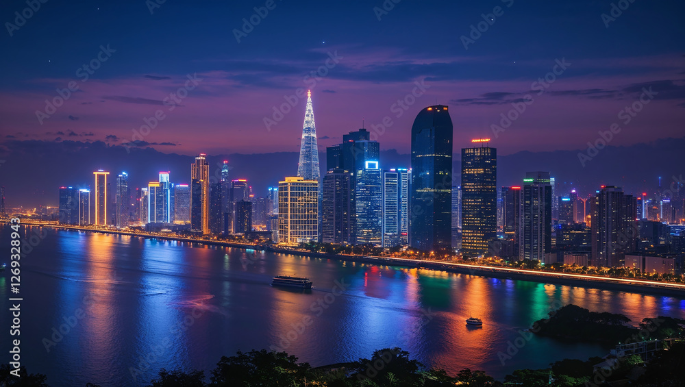 Obraz premium Illuminated cityscape reflecting on river at dusk with modern buildings