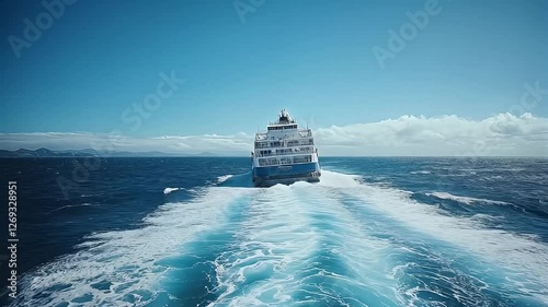 Ferry Vessel Sailing Across a Calm Ocean Under a Blue Sky