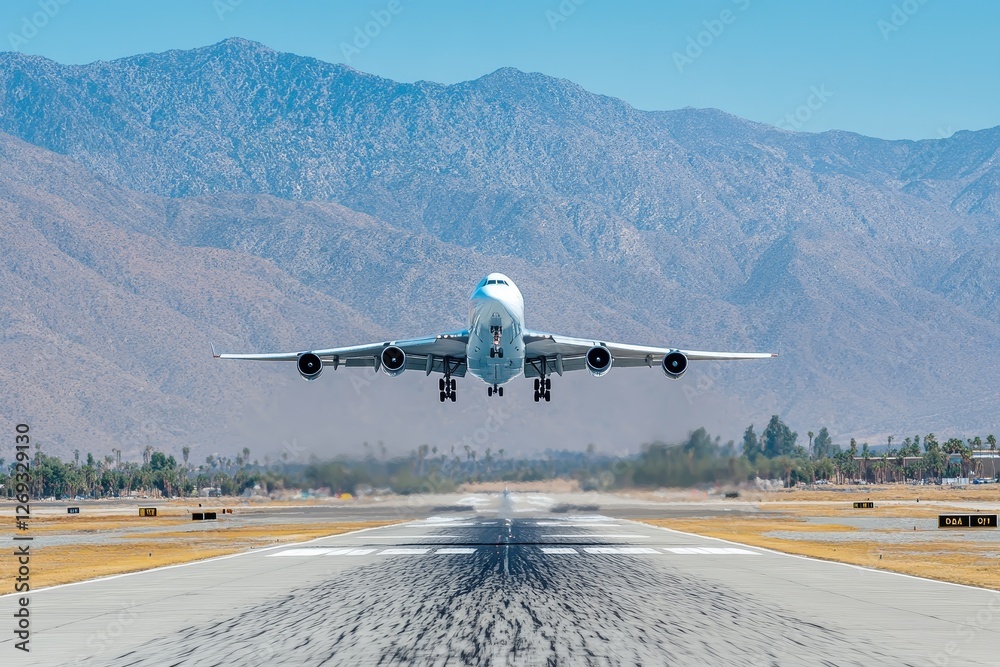 Aircraft Taking Off Against Mountain Backdrop Under Clear Blue Sky Aircraft Taking Off Against Mountain Backdrop Under Clear Blue Sky