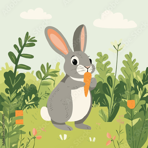 A cute 2D vector of a rabbit nibbling a carrot in a garden.