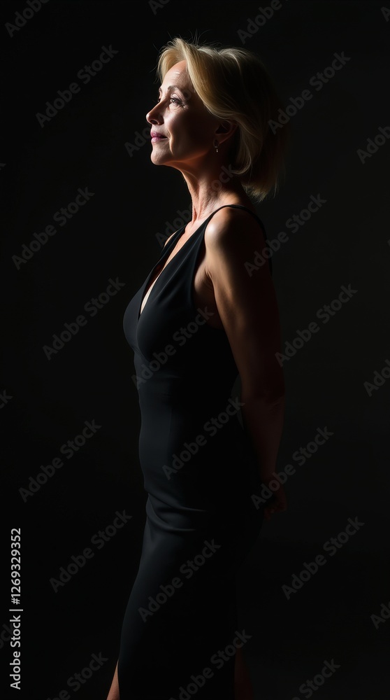 Elegant woman in black dress striking a confident pose in low lighting Elegant woman in black dress striking a confident pose in low lighting