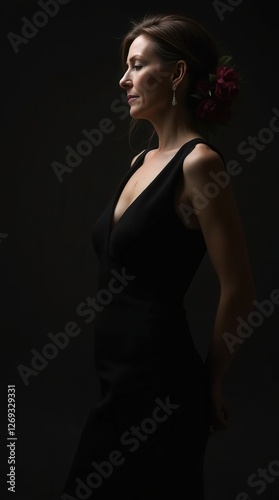 Elegant portrait of a woman in a black dress against a dark background