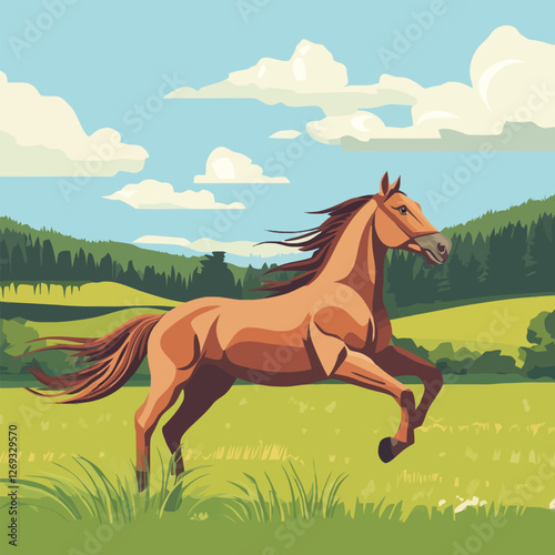 A graceful 2D vector of a horse galloping freely in an open field.