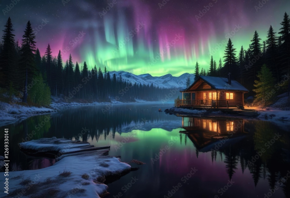 Fototapeta premium The vibrant colors of the northern lights reflecting off the frosty surface of a lake near a cozy cabin nestled in the heart of a dense forest, aurora borealis, rustic charm