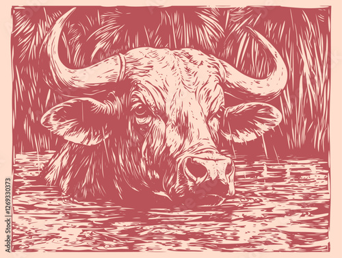 Vector illustration of a buffalo emerging from water. The design is done in a linocut style, creating a bold and rustic visual. Perfect for wildlife or nature themes.