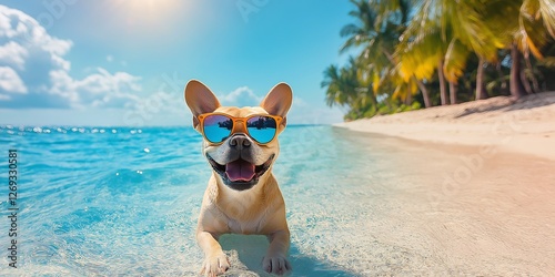 French bulldog in sunglasses swims on the shores of the azure sea against the background of the sky and palm trees