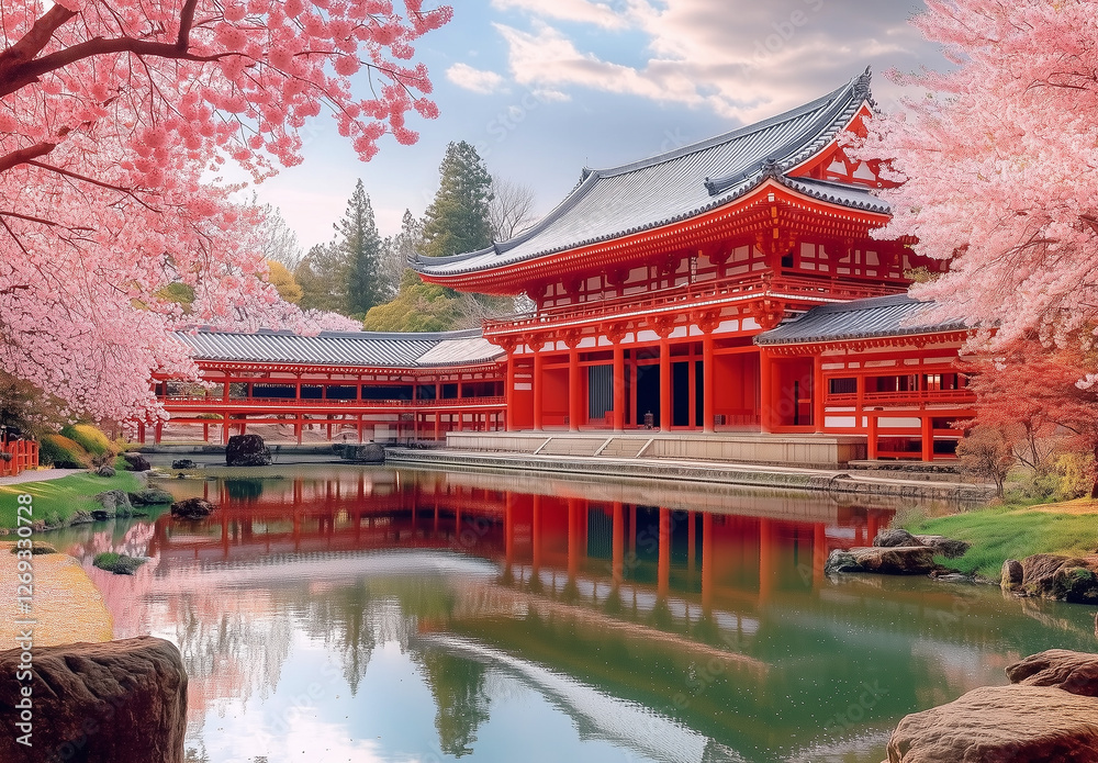 Traditional Japanese Temple and Pagoda amidst blooming cherry blossoms and reflective water Traditional Japanese Temple and Pagoda amidst blooming cherry blossoms and reflective water
