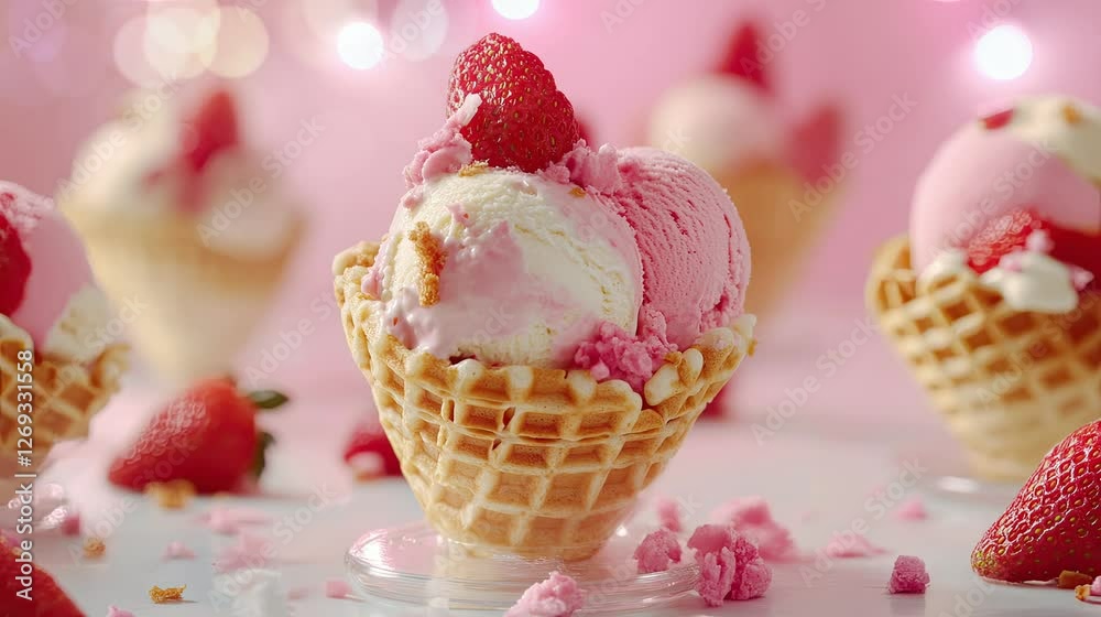 Very delicious strawberry ice cream . seamless looping time-lapse virtual video Animation Background.