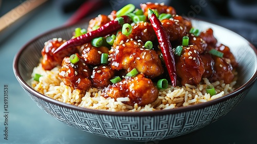 General Tso's Chicken served in a traditional Chinese bowl with a side of fried rice, garnished with sliced chili peppers and green onions