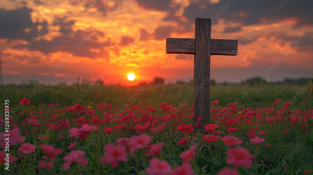 A rustic wooden cross in a field of wildflowers, with a dramatic sunset in the background A rustic wooden cross in a field of wildflowers, with a dramatic sunset in the background