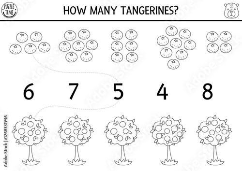Match the numbers black and white capybara game with tangerine or orange tree. Capibara line math activity for preschool kids. Educational counting worksheet, coloring page with cute animal
