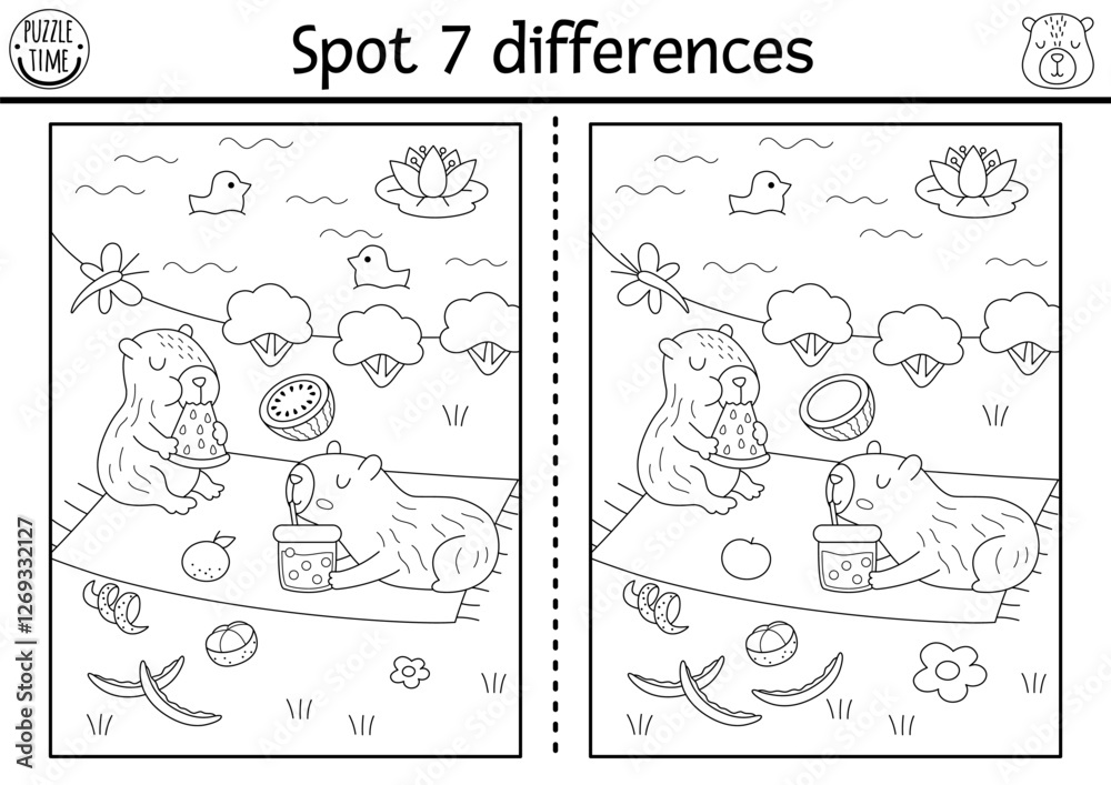 Find differences game for children. Capybara black and white educational activity with animal having picknick near pond. Line puzzle for kids with capibara. Printable worksheet, coloring page