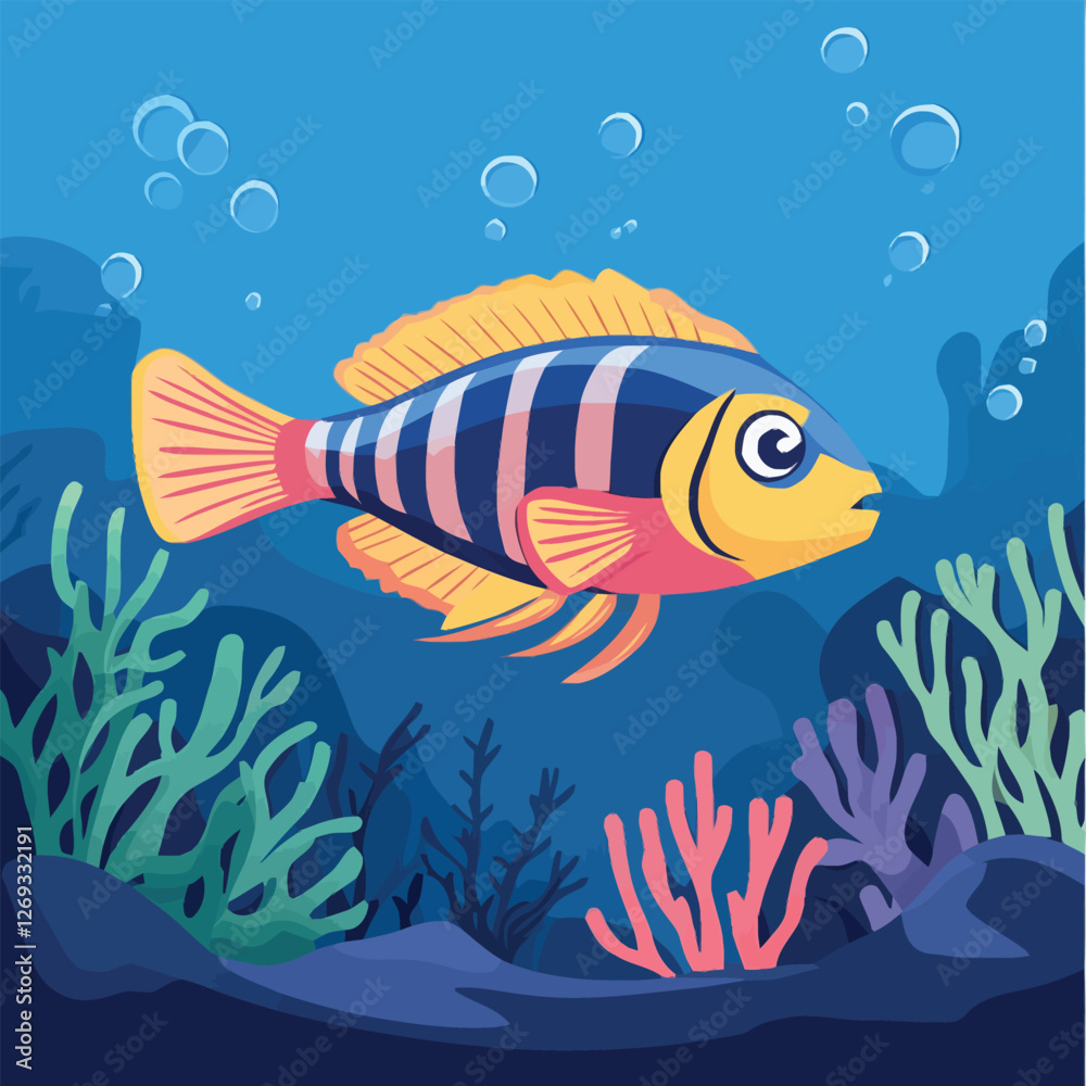 Naklejka premium A vibrant 2D vector of a fish swimming in a colorful coral reef.