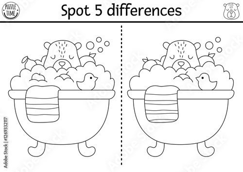 Find differences game for children. Capybara black and white activity with animal taking bubbly bath with tangerines. Line puzzle for kids with capibara. Printable worksheet, coloring page