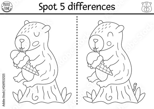 Find differences game for children. Capybara black and white educational activity with animal sitting on stump, eating ice-cream. Line puzzle for kids with capibara. Printable worksheet, coloring page