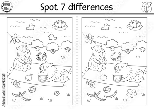 Find differences game for children. Capybara black and white educational activity with animal having picknick near pond. Line puzzle for kids with capibara. Printable worksheet, coloring page