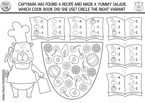 Capybara black and white matching game with fruit salad recipe and cook books. Math and searching activity for kids. Educational printable counting worksheet, coloring page with capibara chef