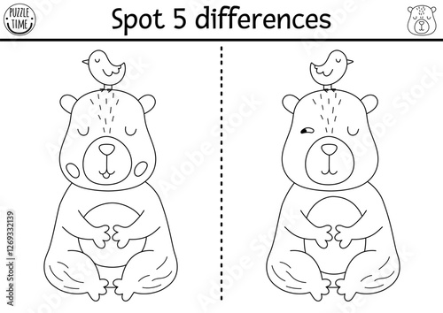 Find differences game for children. Capybara black and white educational activity with animal meditating with bird. Puzzle for kids with capibara. Printable worksheet, coloring page