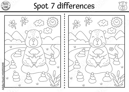 Find differences game for children. Capybara black and white educational activity with animal meditating in stone garden. Puzzle for kid with capibara. Printable worksheet, coloring page