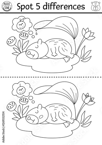 Find differences game for children. Capybara black and white educational activity with cute animal sitting on water lily pad. Puzzle for kids with capibara. Printable worksheet or coloring page