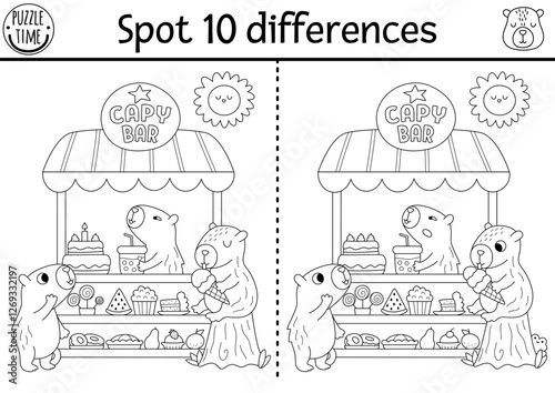 Find differences game for children. Capybara black and white activity with animal eating and drinking in dessert cart. Line puzzle for kids with capibara. Printable worksheet, coloring page