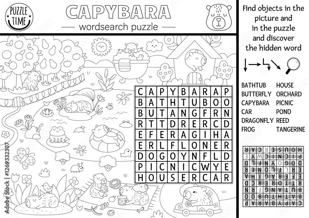 Vector capybara wordsearch puzzle for kids. Black and white word search quiz with summer nature landscape. Educational line activity with cute animals. Capibara cross word, coloring page Vector capybara wordsearch puzzle for kids. Black and white word search quiz with summer nature landscape. Educational line activity with cute animals. Capibara cross word, coloring page