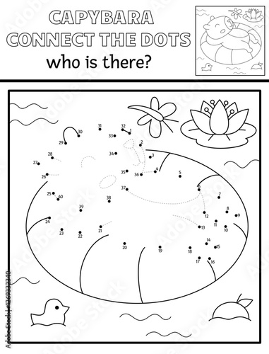 Vector line capybara dot-to-dot and color activity with cute animal swimming on floaty, nature scene. Capibara black and white connect the dots game, coloring page for children. Who is missing