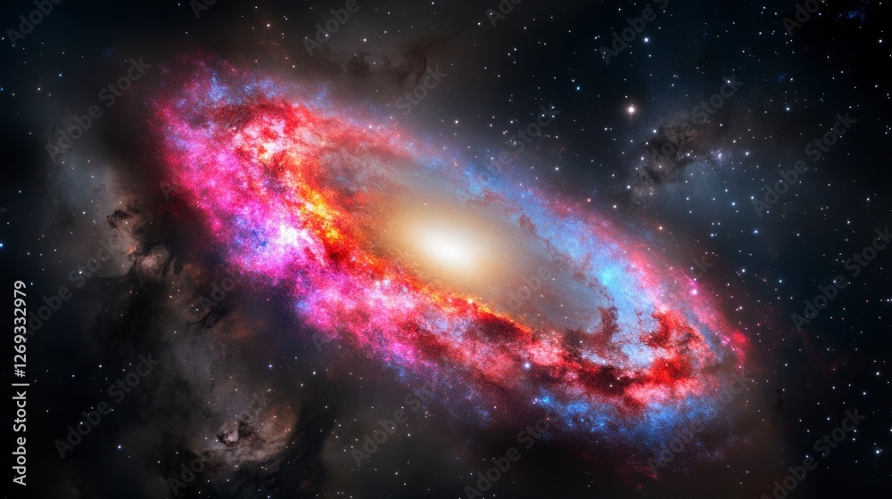 Obraz premium Vibrant Galaxy with Pink Ring and Swirling Blue Arms Against a Starry Backdrop