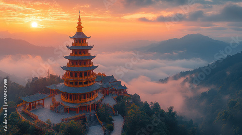 Buddhist temple atop a mountain, shrouded in mist with golden pagodas glowing in the sunrise
