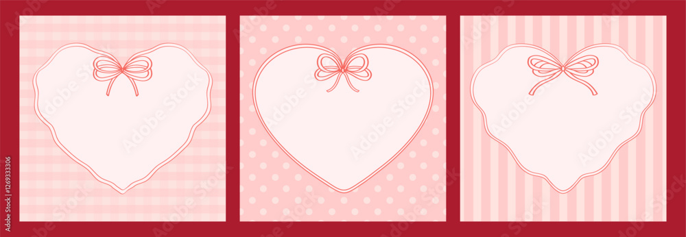 Ribbon frames with bow. Set of heart shaped frames with bow isolated on square background. Vintage ribbons frames. Set of pink cards for invitation or holiday with space for text.